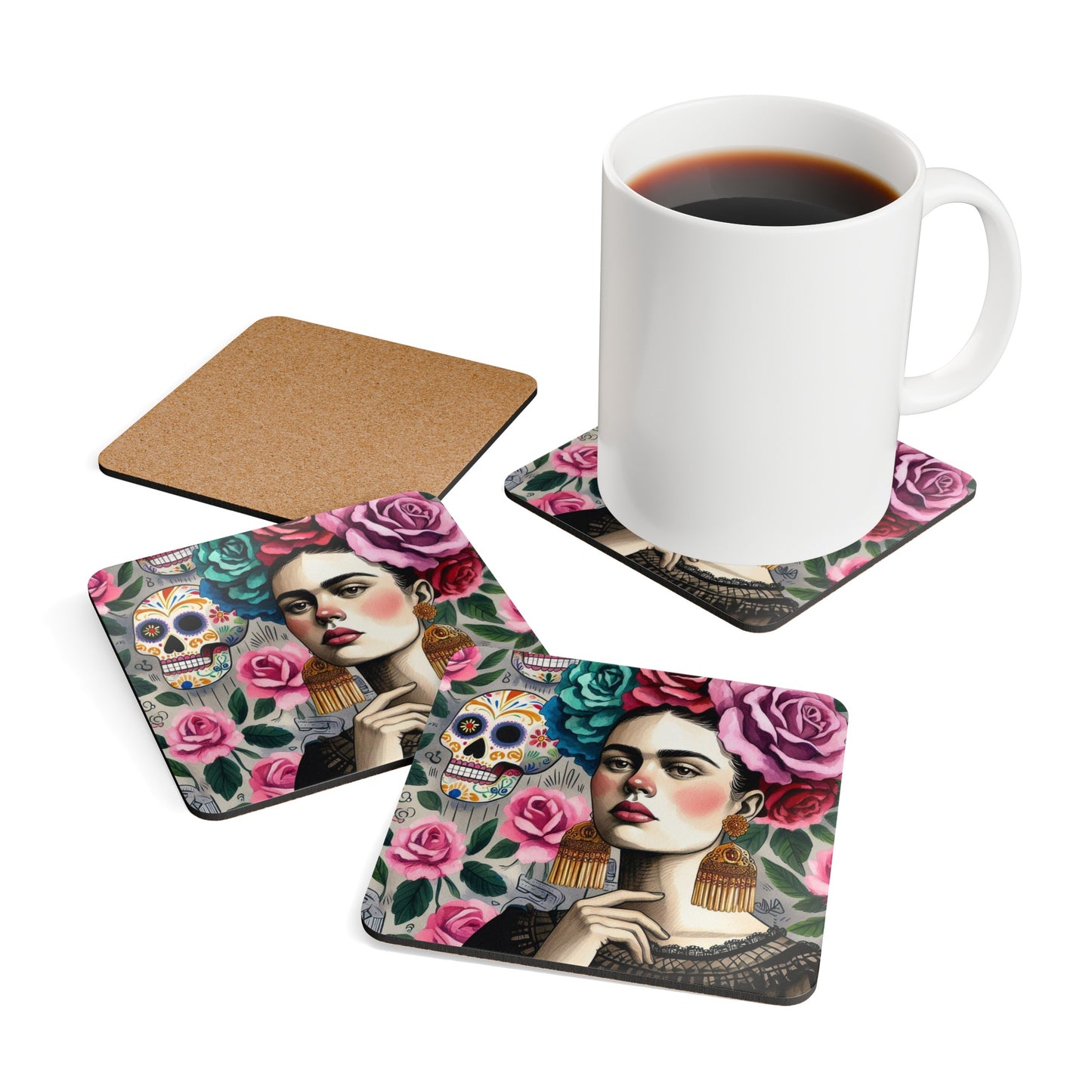 Frida con Rosas - Corkwood Coaster Set