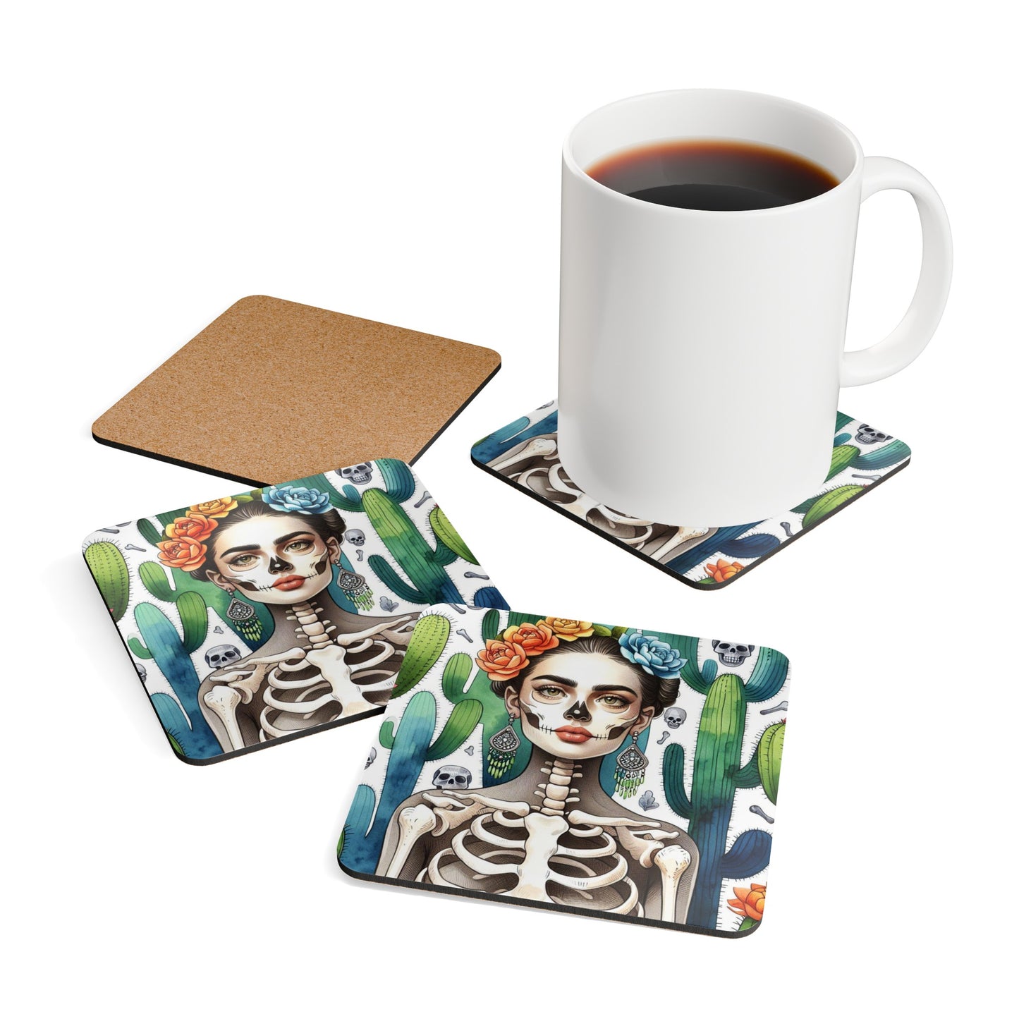 Frida con Nopal #2 - Corkwood Coaster Set