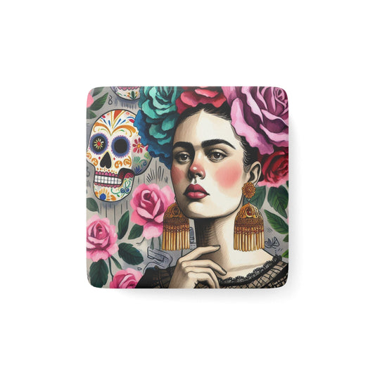 Frida con Rosas - Porcelain Magnet, Square