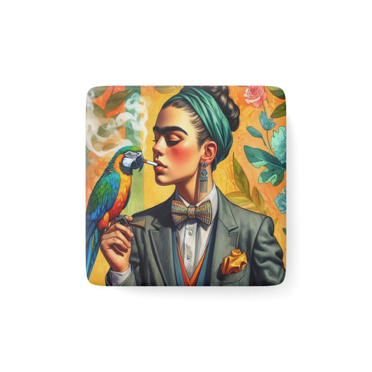 Frida w/Parrot - Porcelain Magnet, Square