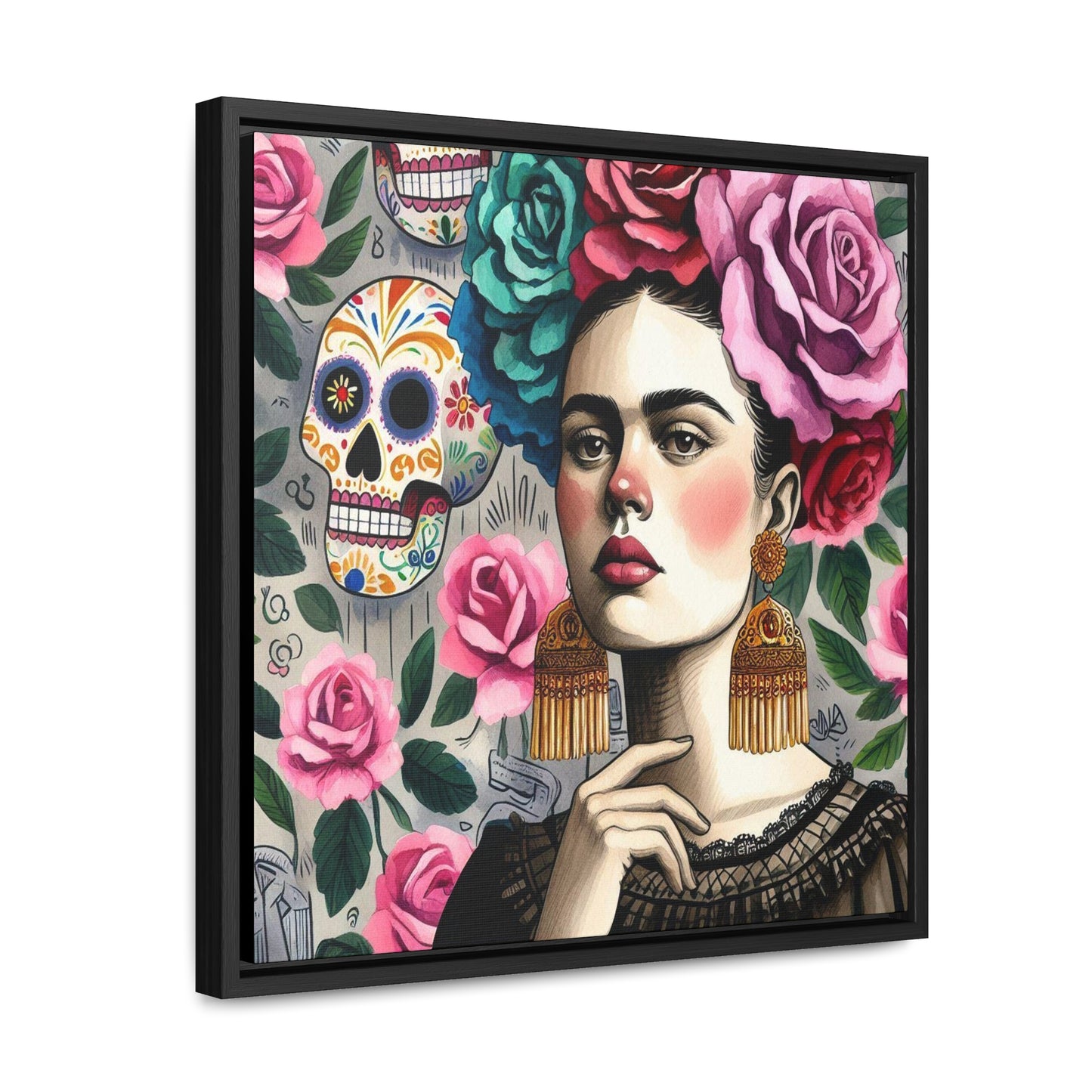 Frida y Rosas - Gallery Canvas Wraps, Square Frame