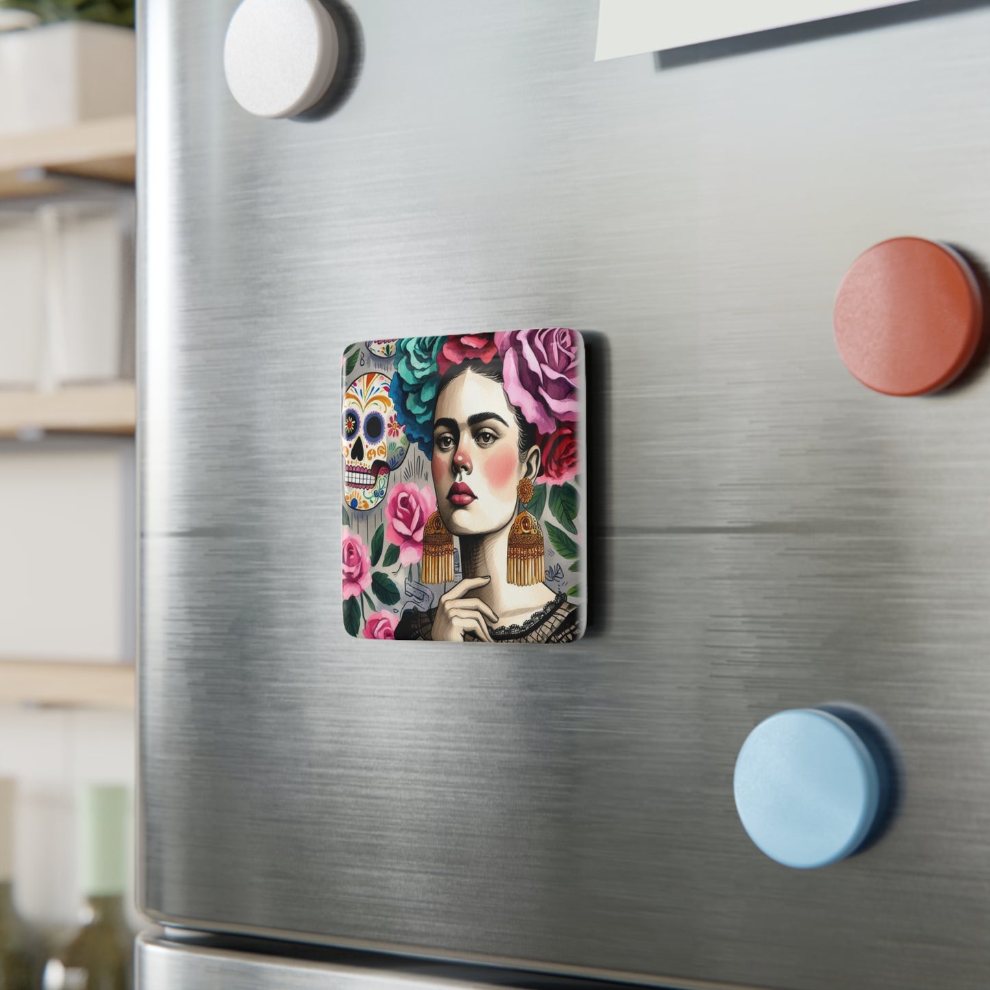 Frida con Rosas - Porcelain Magnet, Square