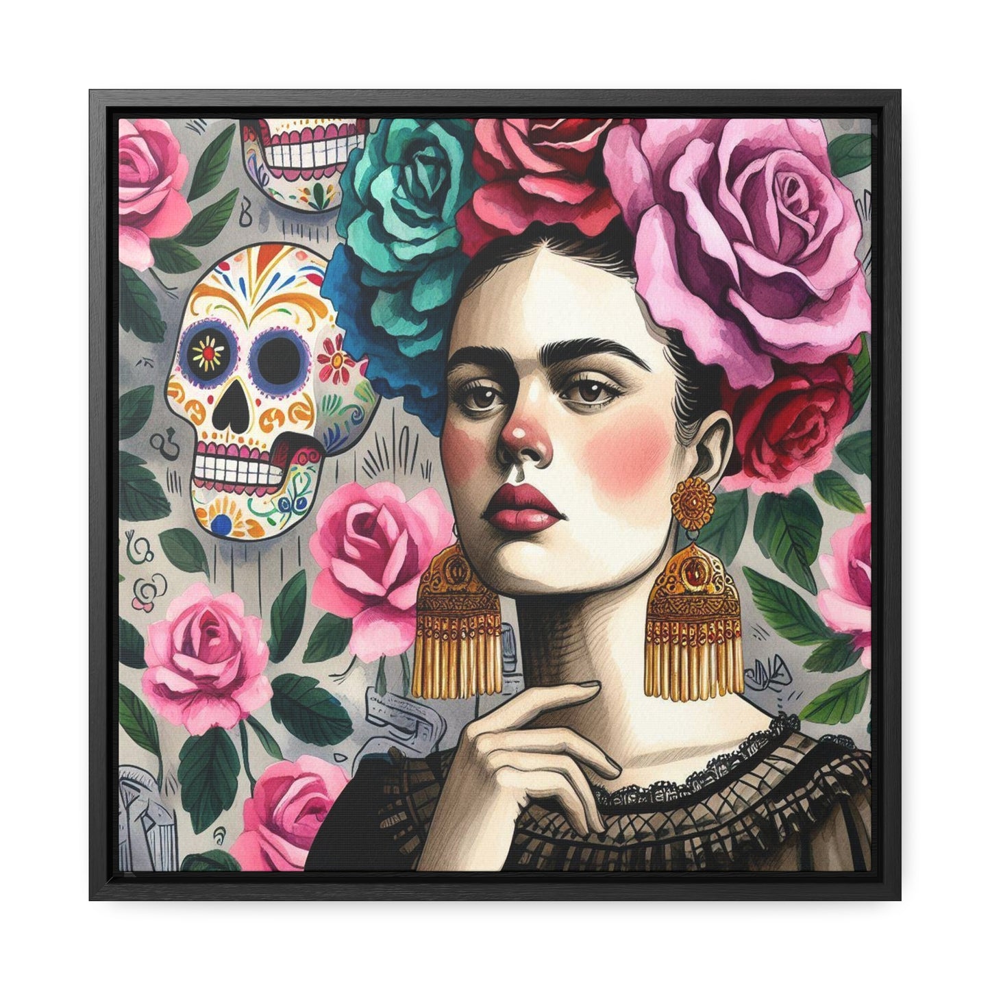 Frida y Rosas - Gallery Canvas Wraps, Square Frame