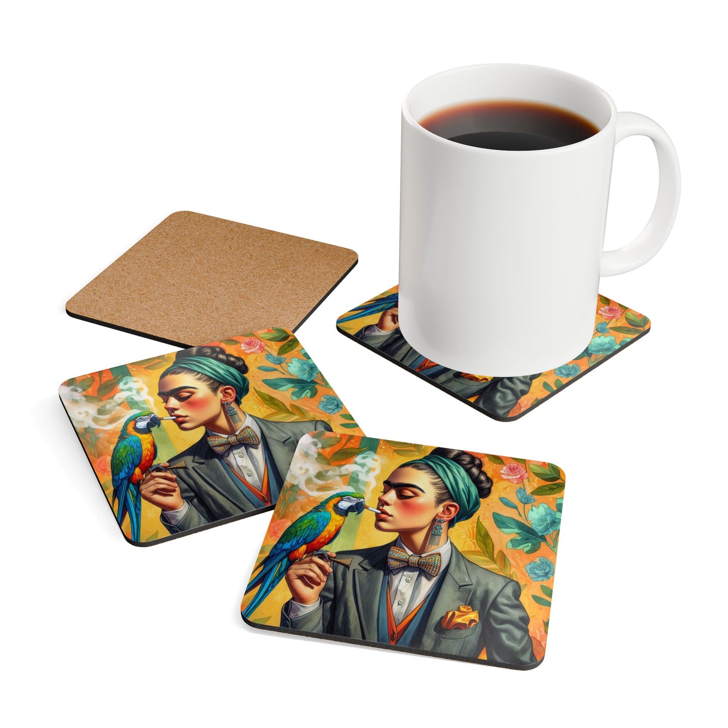 Frida w/Parrot - Corkwood Coaster Set