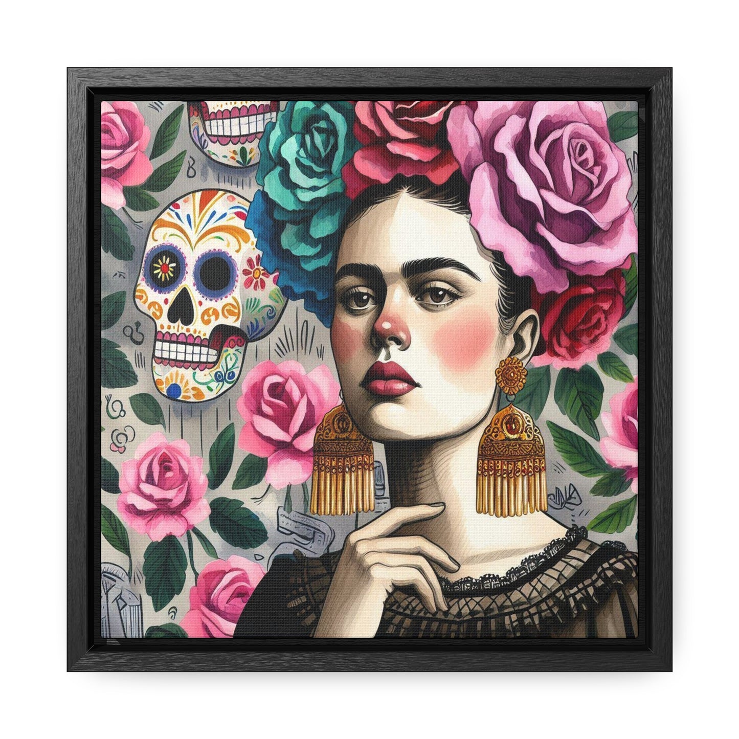 Frida y Rosas - Gallery Canvas Wraps, Square Frame